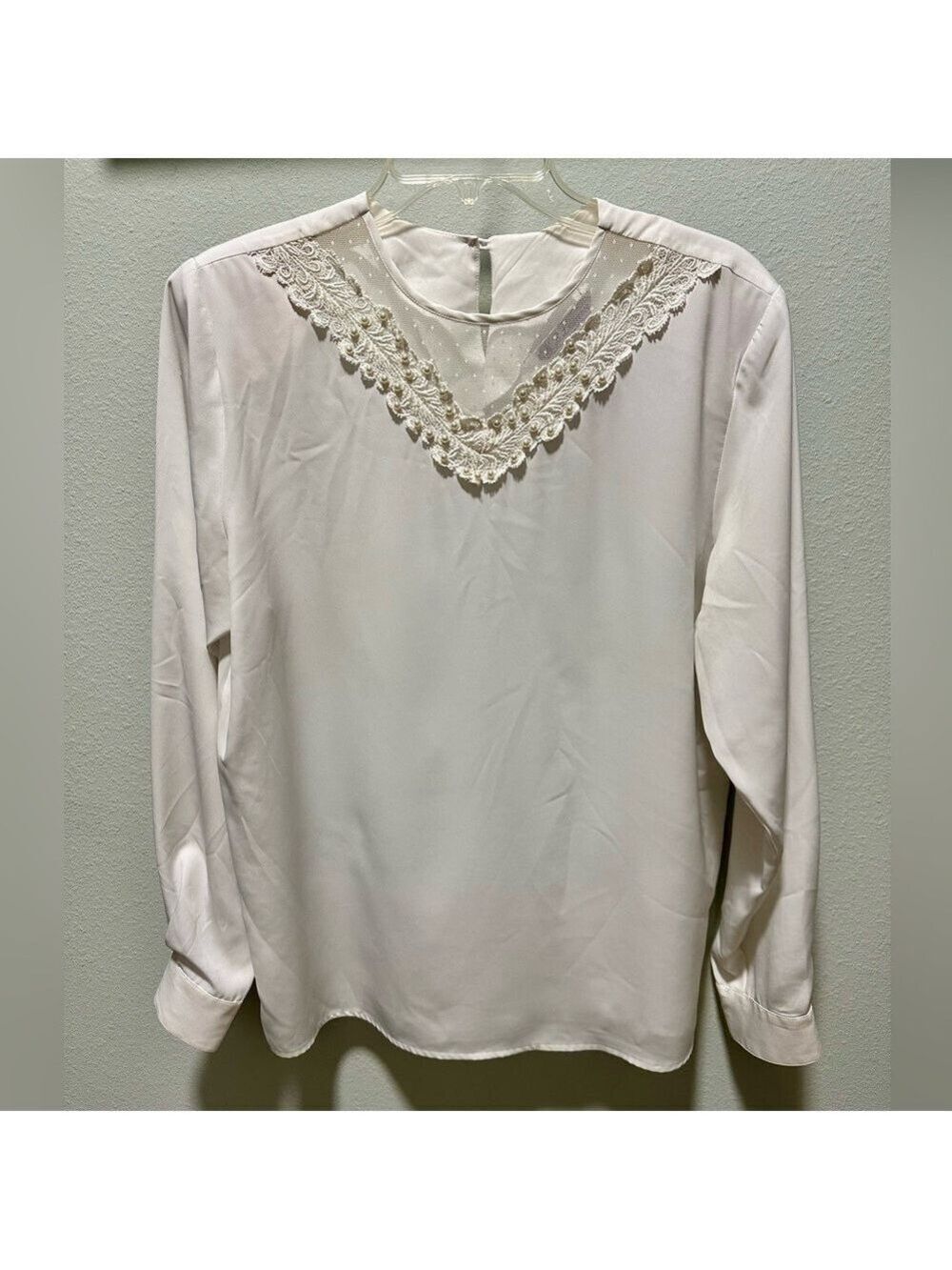 K B Lawrence White Long Sleeve Blouse - Pearl Embellishments - Sz 12 Vintage
